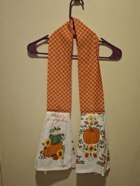 Autumn Pumpkin Kitchen Towel Scarf - Orange & White